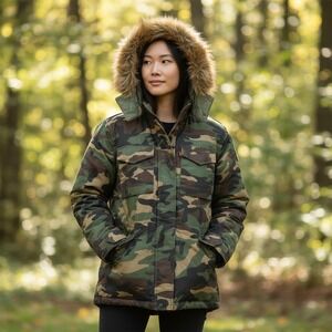 DODECA Vintage Y2K Women's XL Woodland Camo Parka Fur Hood Winter‎ Jacket NWT